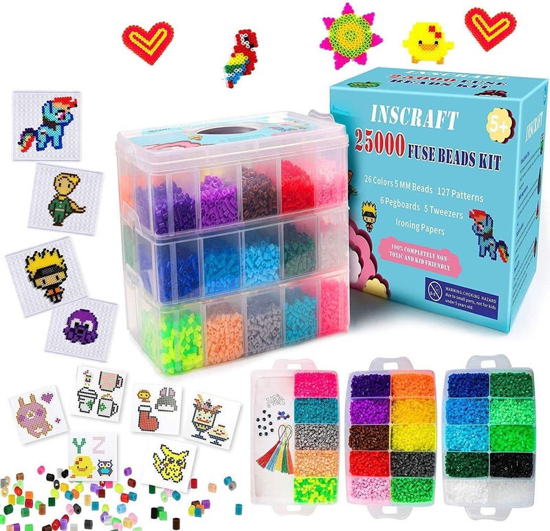 Inscraft 25,000 pcs Fuse Beads Kit 26 Colors 5MM, Including 127 Patterns, 4 Big Square, 1 Heart Pegboards, 1 Flower Ironing Paper, Tweezers, Beads Compatible by INSCRAFT - Image 1